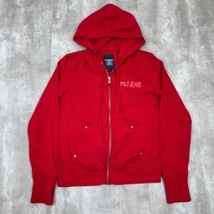 Vintage Polo Jeans Ralph Lauren Hoodie‎ Womens M Red Embroidered Full Zip Jacket